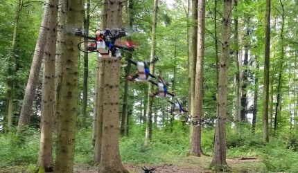 Drone collecting data on tree growth and environmental risks for an AI model powered by Aya Data